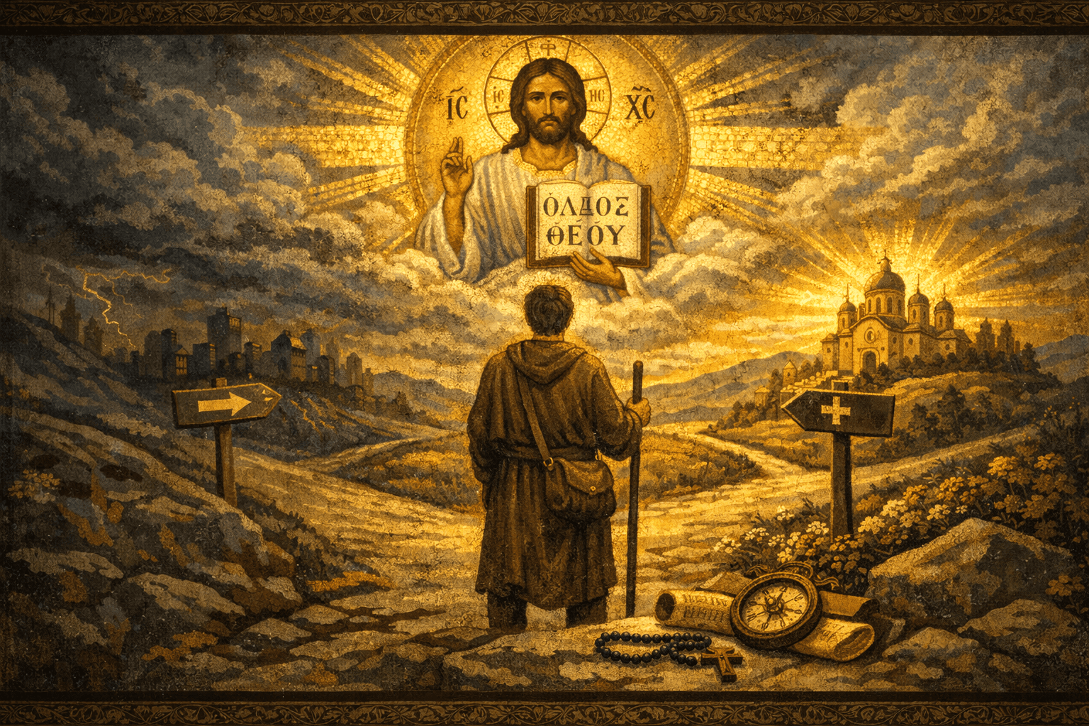 How do I know God’s will for my life Byzantine Christian image showing a person at a crossroads looking to Jesus, symbolising guidance, discernment, prayer, calling and seeking God’s direction.