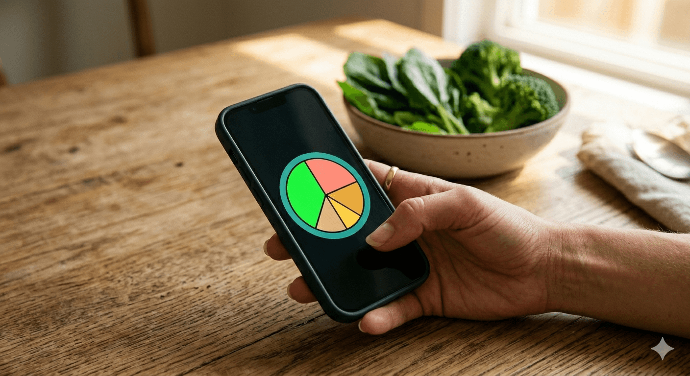Hand holding phone with plate-based food tracker — habit-based alternative to calorie counting apps for weight loss