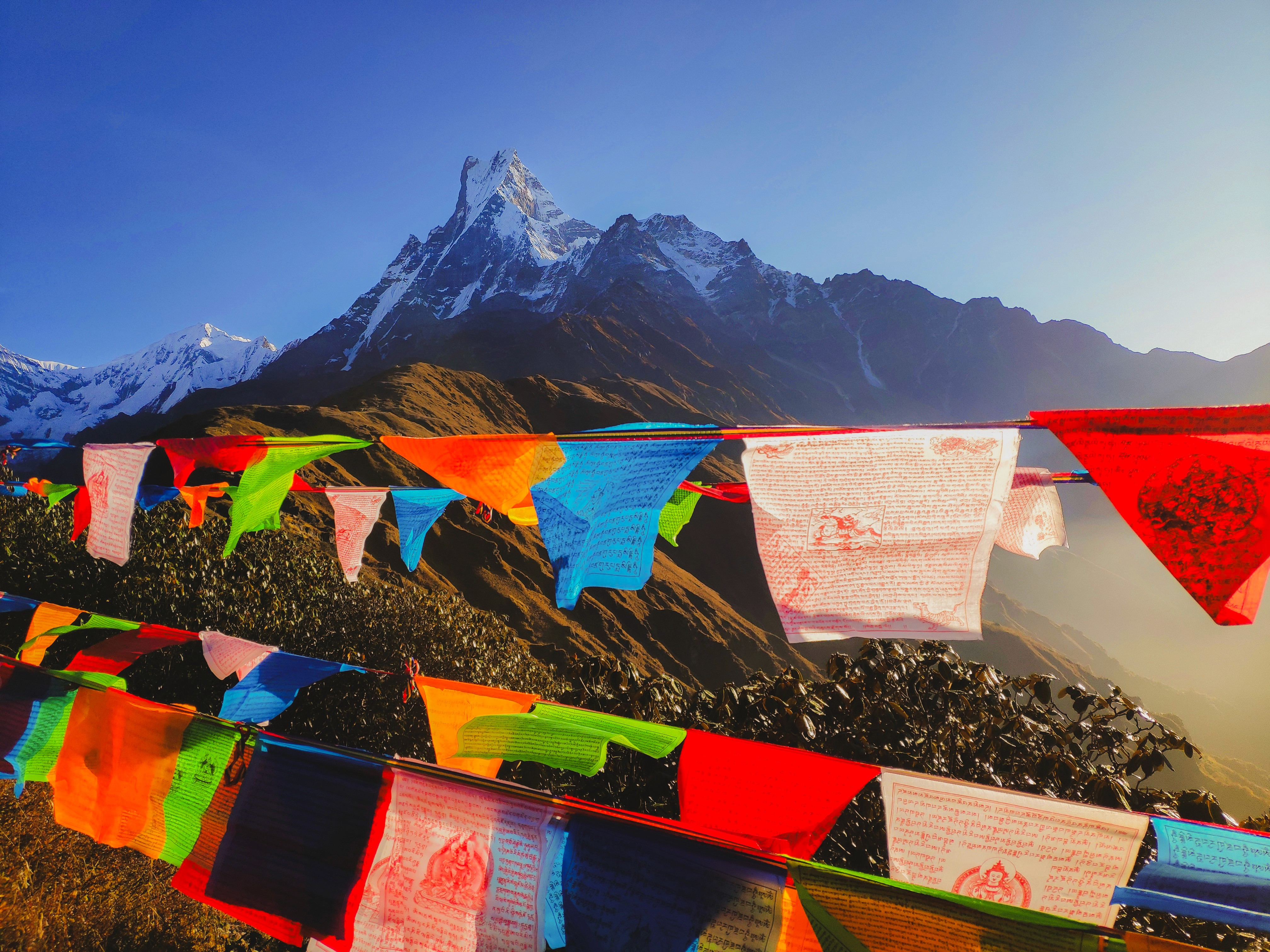 tibetan flags in front of Himalayan peak