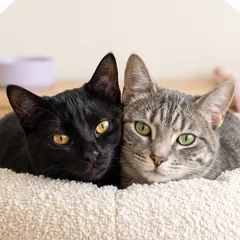 Pepper and Juno, a black cat and a grey tabby