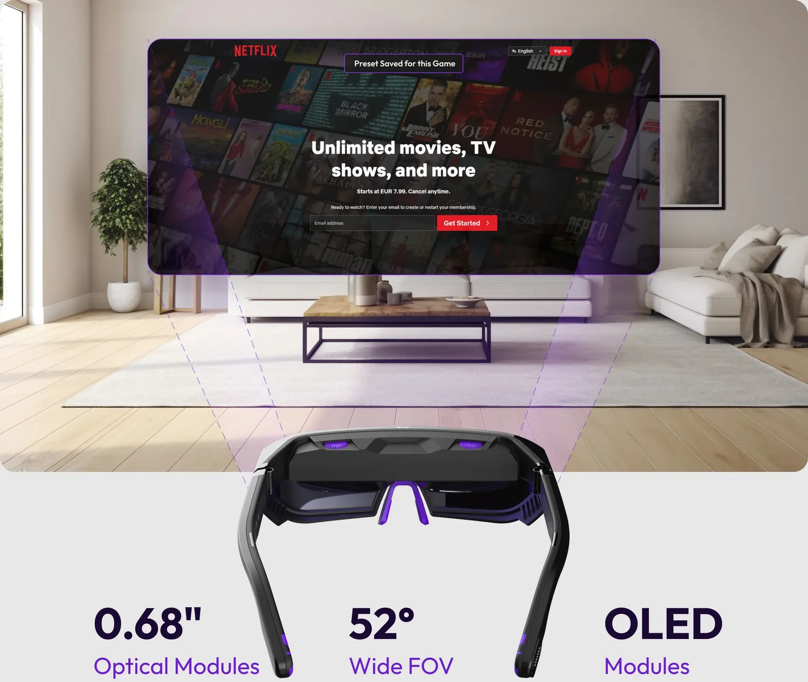 A pair of futuristic OLED virtual reality glasses overlaying a digital display of Netflix's home screen featuring unlimited movies and TV shows, set in a sleek, modern living room.