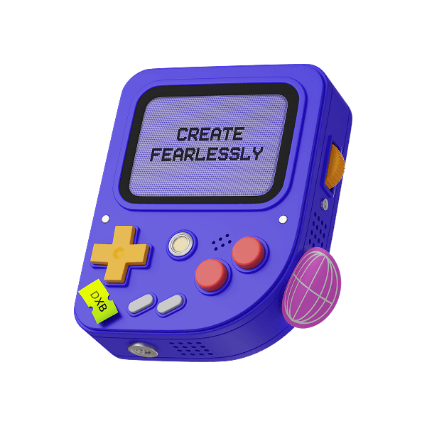A blue retro handheld game console with the words "CREATE FEARLESSLY" on its screen.  A small yellow game cartridge is inserted.