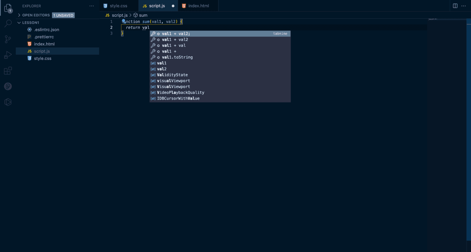 An example of Tabnine’s AI suggesting code for a sum function.