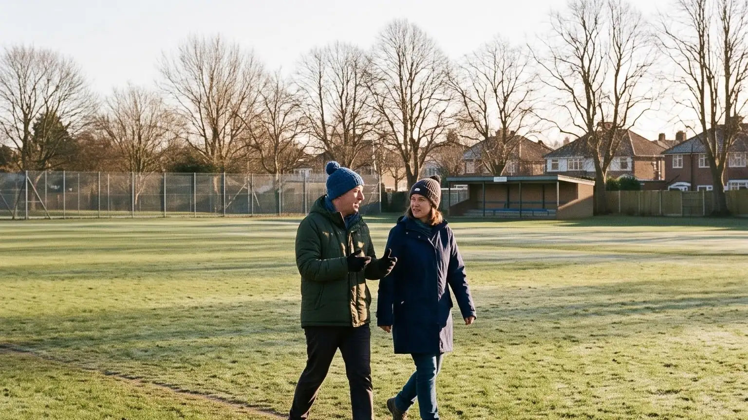 Two people walking briskly across a playing field together in low winter sun, talking