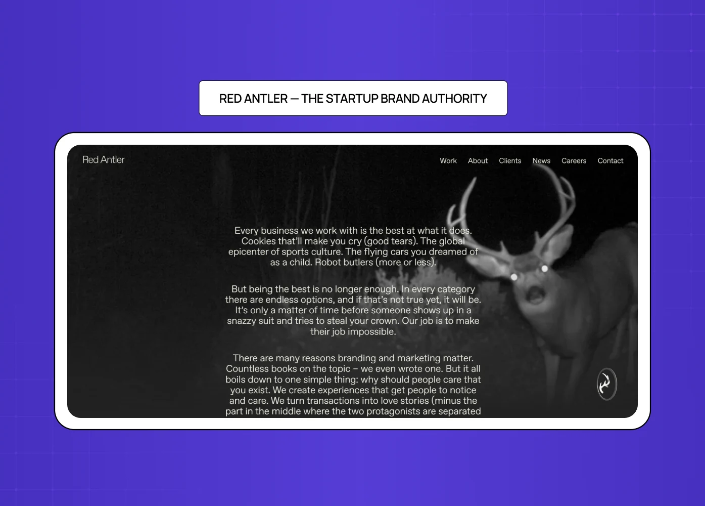 Red Antler website featuring dark-themed layout with storytelling-focused brand messaging.