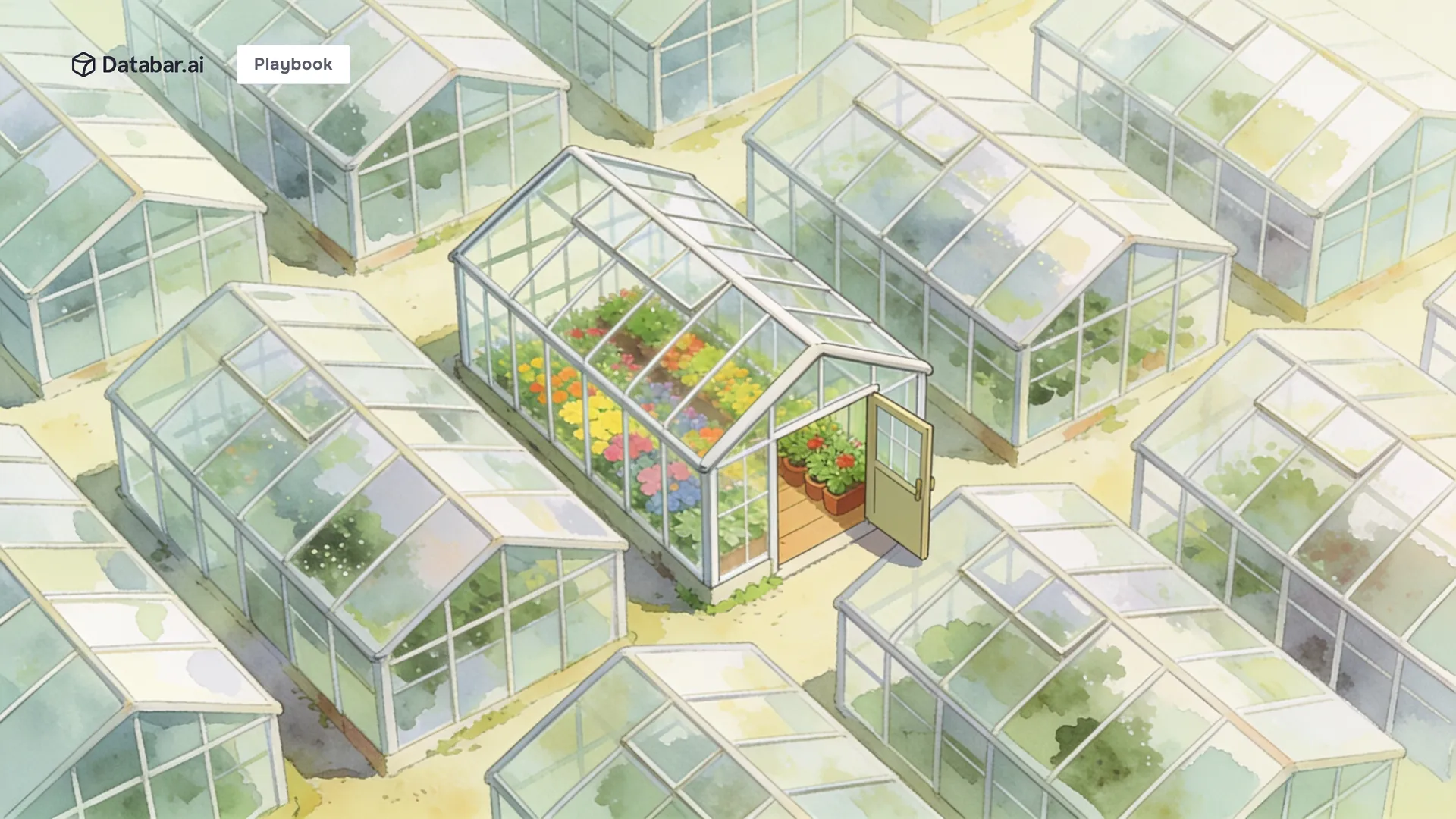 Aerial illustration of a grid of glasshouses with one standing open — ready-to-use lead gen templates