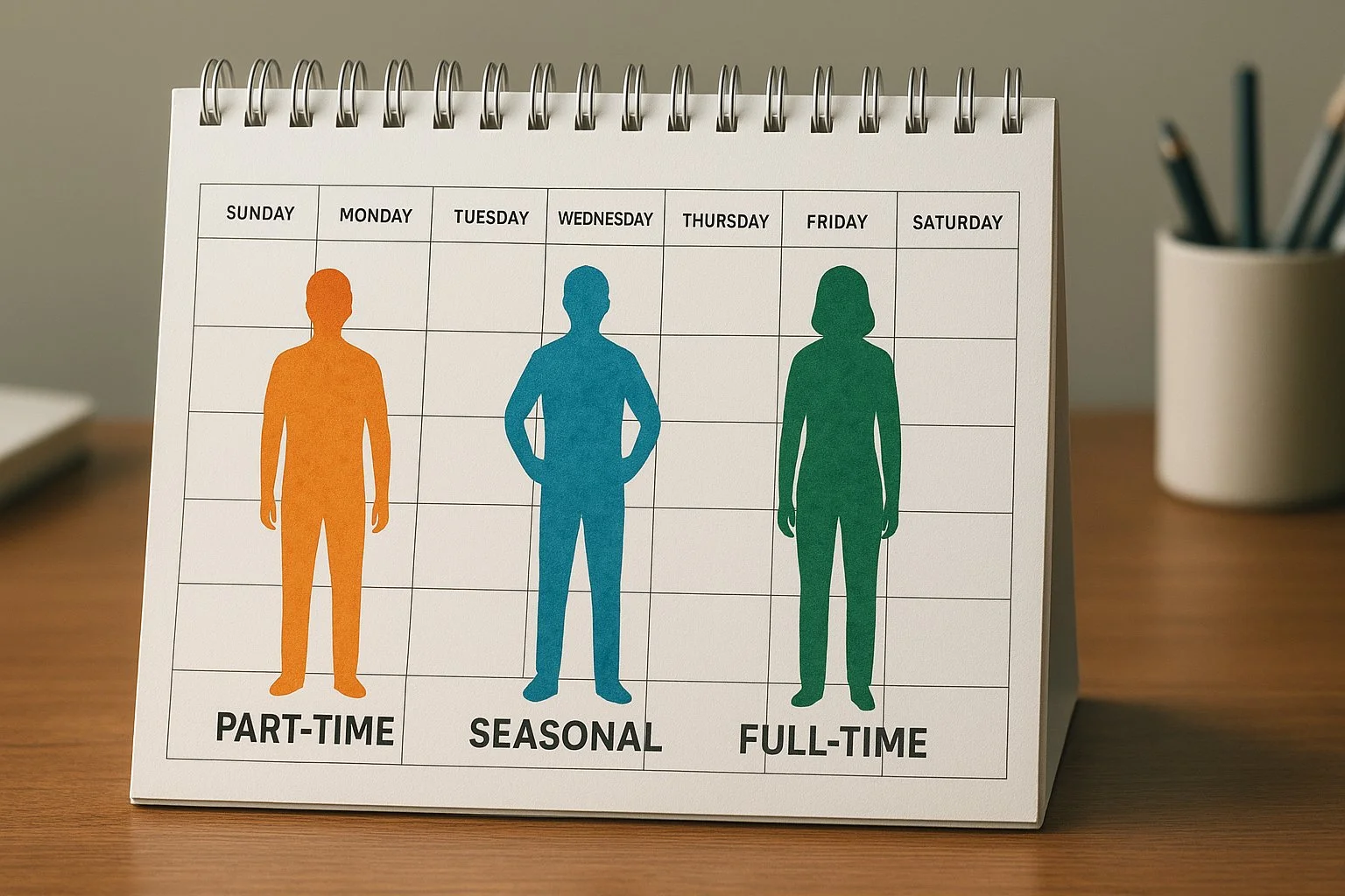 Conceptual scene of part-time, seasonal, and full-time employees represented as colored silhouettes on a desk calendar.