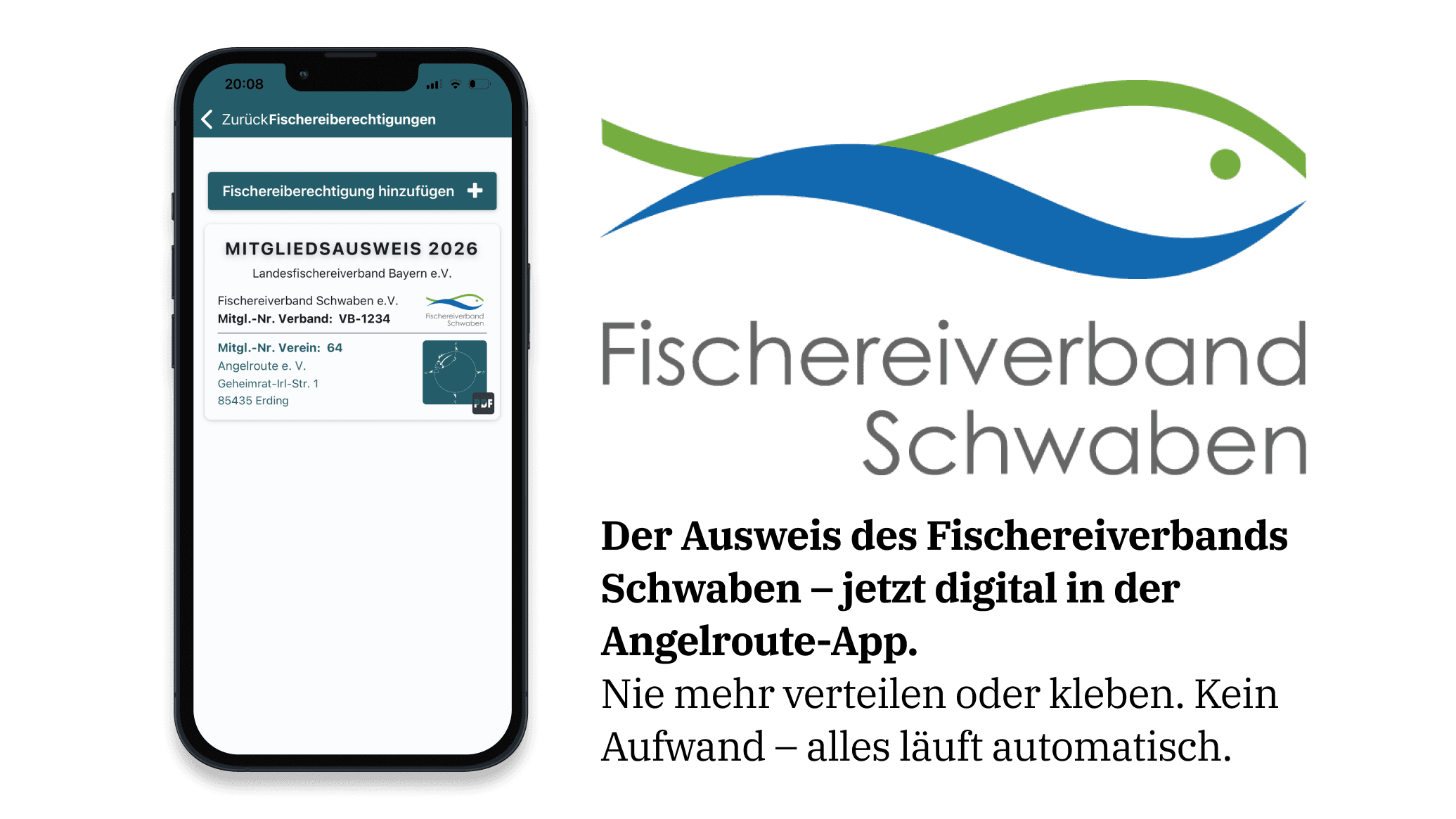 Digitaler Mitgliedsausweis für Angelvereine in der Angelroute-App – Mitgliedsausweis des Fischereiverband Schwaben.