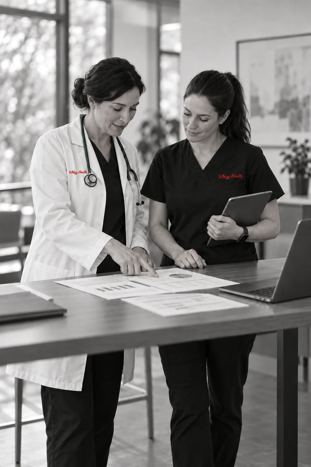 Physician and research coordinator reviewing a feasibility summary together