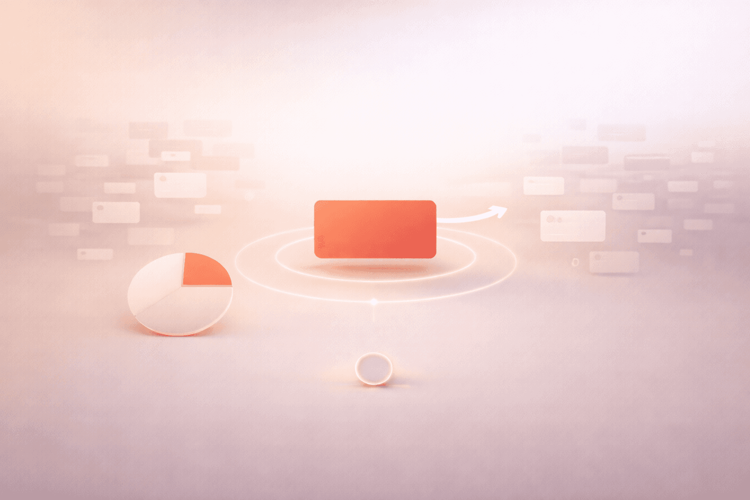 Minimalistische 3D-Illustration auf warmem cremebeigem Hintergrund mit einer zentral schwebenden korallorangenen Aufgabenkarte im Leuchtring, vielen verblassenden kleinen Karten im Hintergrund sowie einer abstrahierten 20/80-Segmentgrafik und einem kleinen Timer-Ring am unteren Rand als Symbol für fokussierte Zeitblöcke.