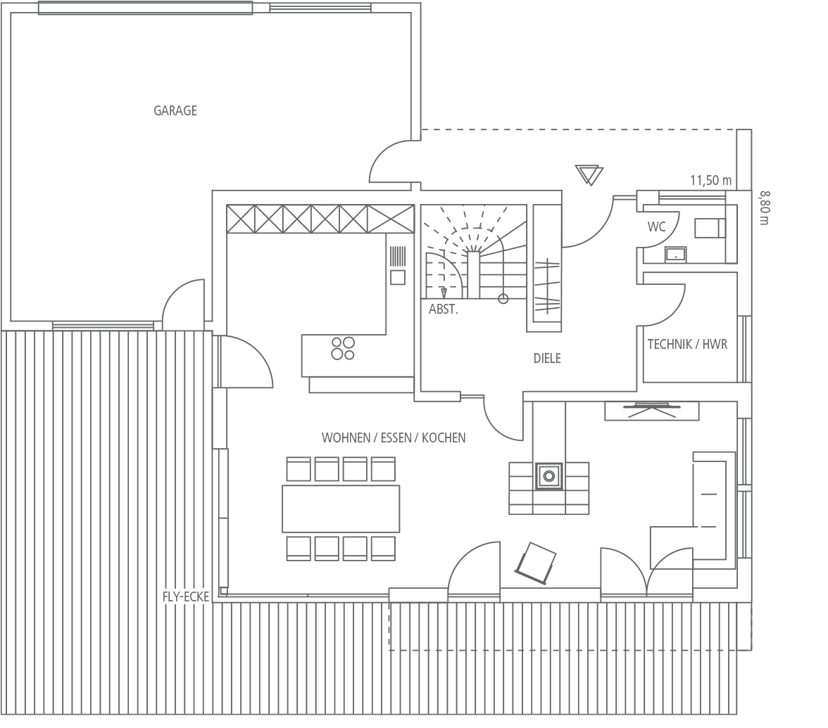 Grundriss eines Hauses mit Garage, Wohn-/Ess-/Kochbereich, Diele, WC, Technik/Hauswirtschaftsraum und Flugluke.