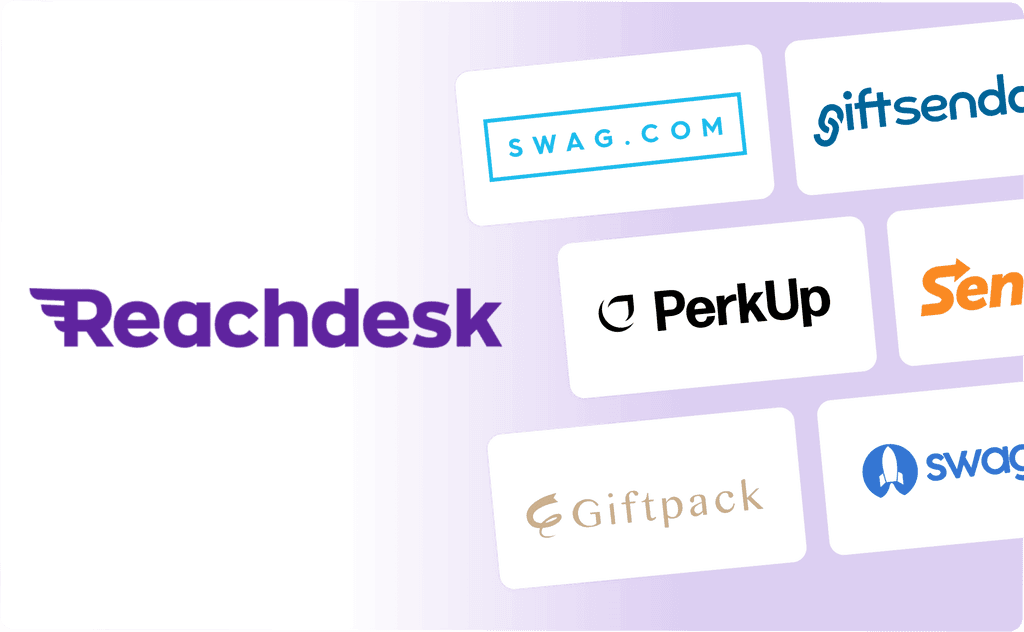 Reachdesk logo, including its alternatives: Swag.com, Giftsenda, PerkUp, Sendoso, Giftpack, and SwagUp.