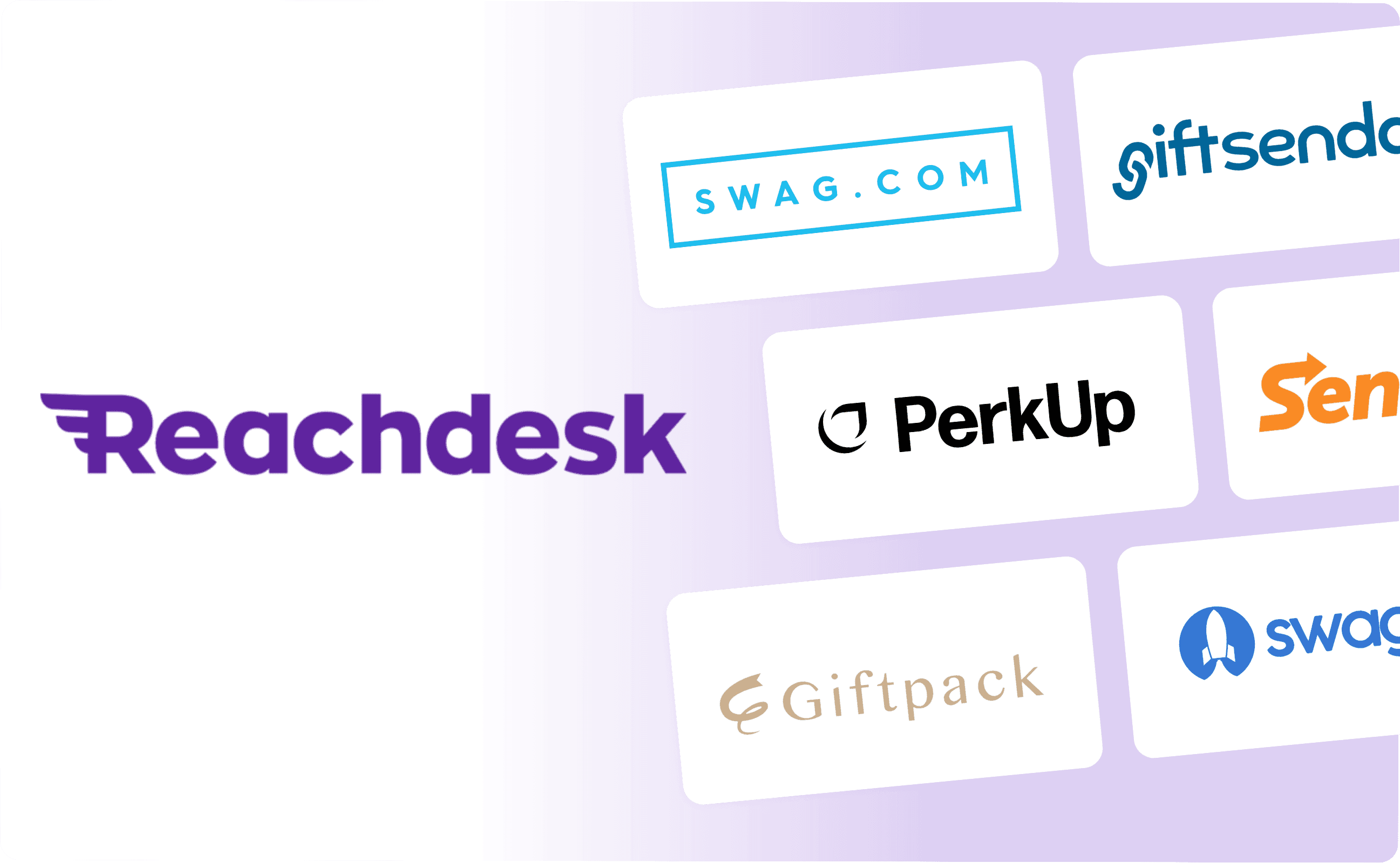 Reachdesk logo, including its alternatives: Swag.com, Giftsenda, PerkUp, Sendoso, Giftpack, and SwagUp.