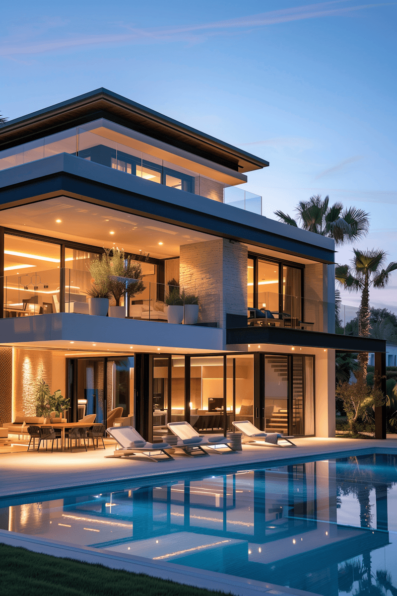 Luxury two-storey villa at twilight with illuminated interiors, glass balustrades, outdoor lounge chairs, and a glowing swimming pool surrounded by palm trees