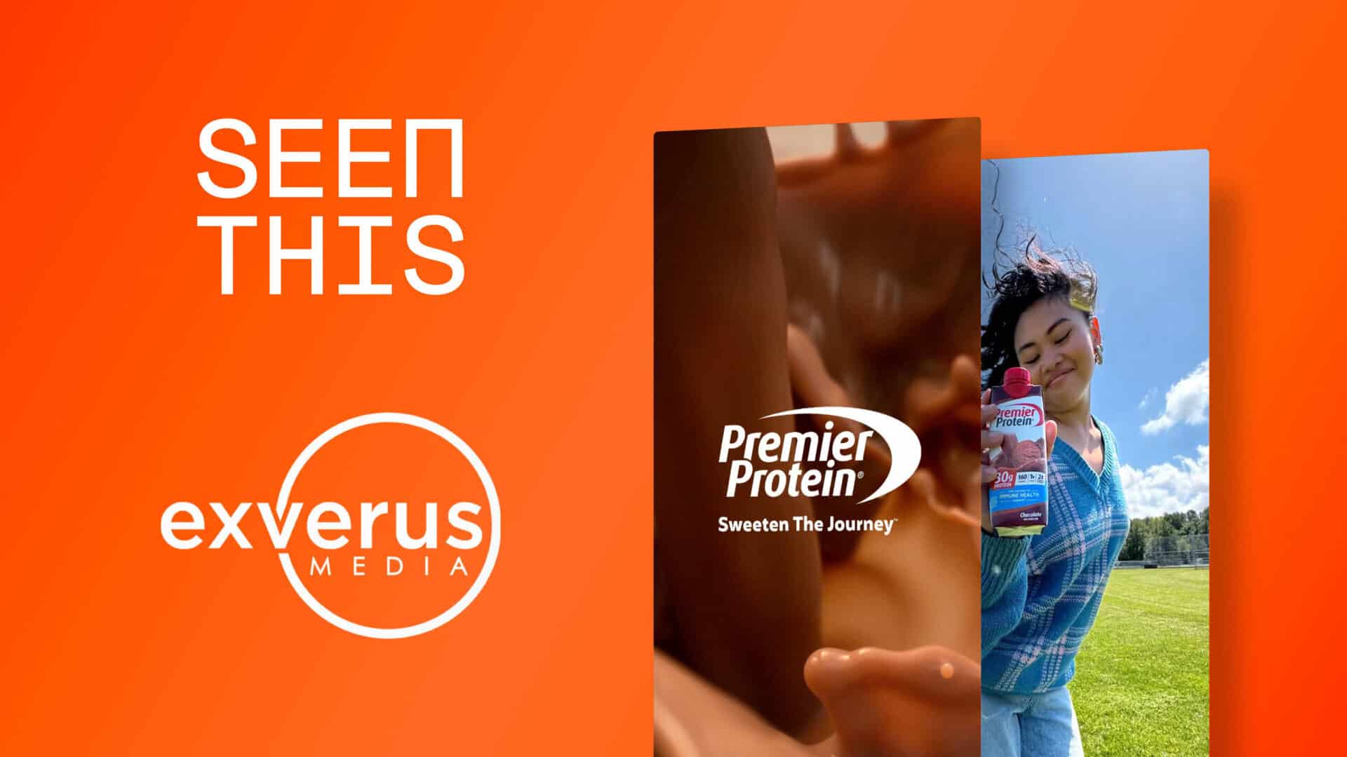 Two printscreens of the premier protein ad shiwing a closeup of chocolate milk anda happy girl outside