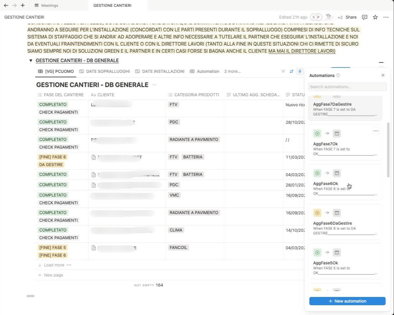 Lista delle automazioni nel database cantieri