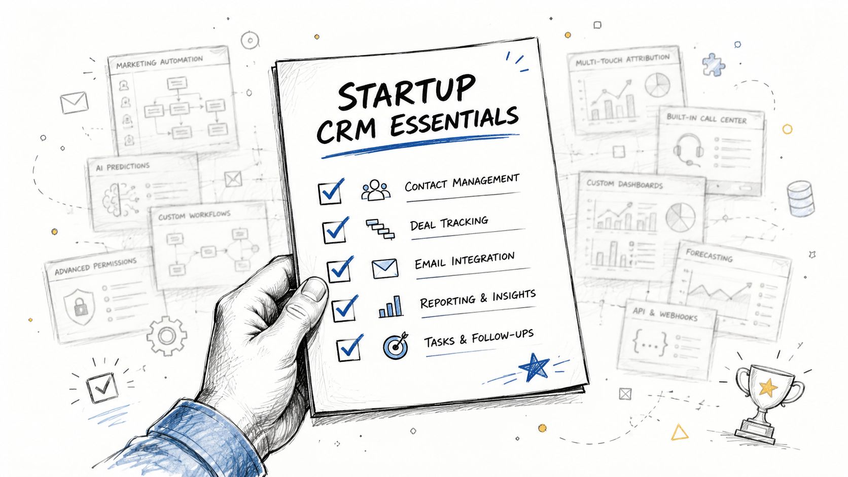 A hand holds a checklist titled Startup CRM Essentials showing five key features for startup growth.