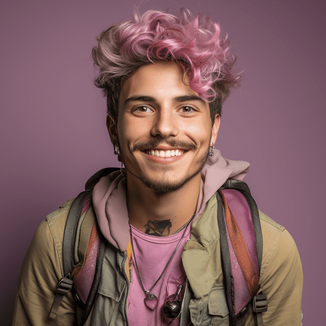 Modern young man with pink dyed messy hair, tattoos, and a backpack wearing a green jacket and pink shirt.