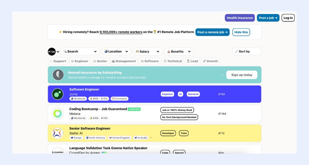 RemoteOK's homepage