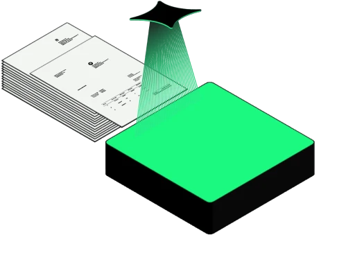 Illustration eines Scanners, der Dokumente digital trennt und zur Weiterverarbeitung vorbereitet.