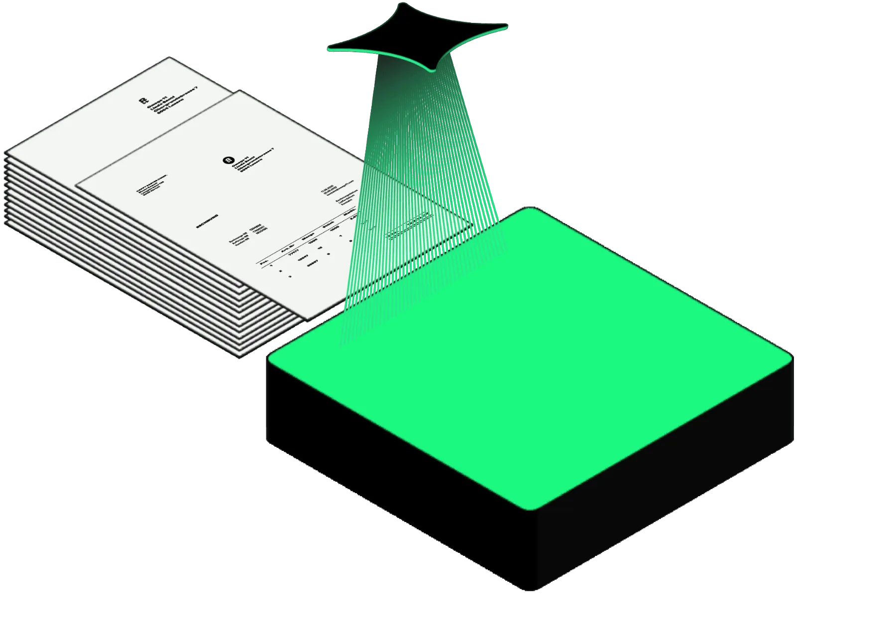 Illustration eines Scanners, der Dokumente digital trennt und zur Weiterverarbeitung vorbereitet.