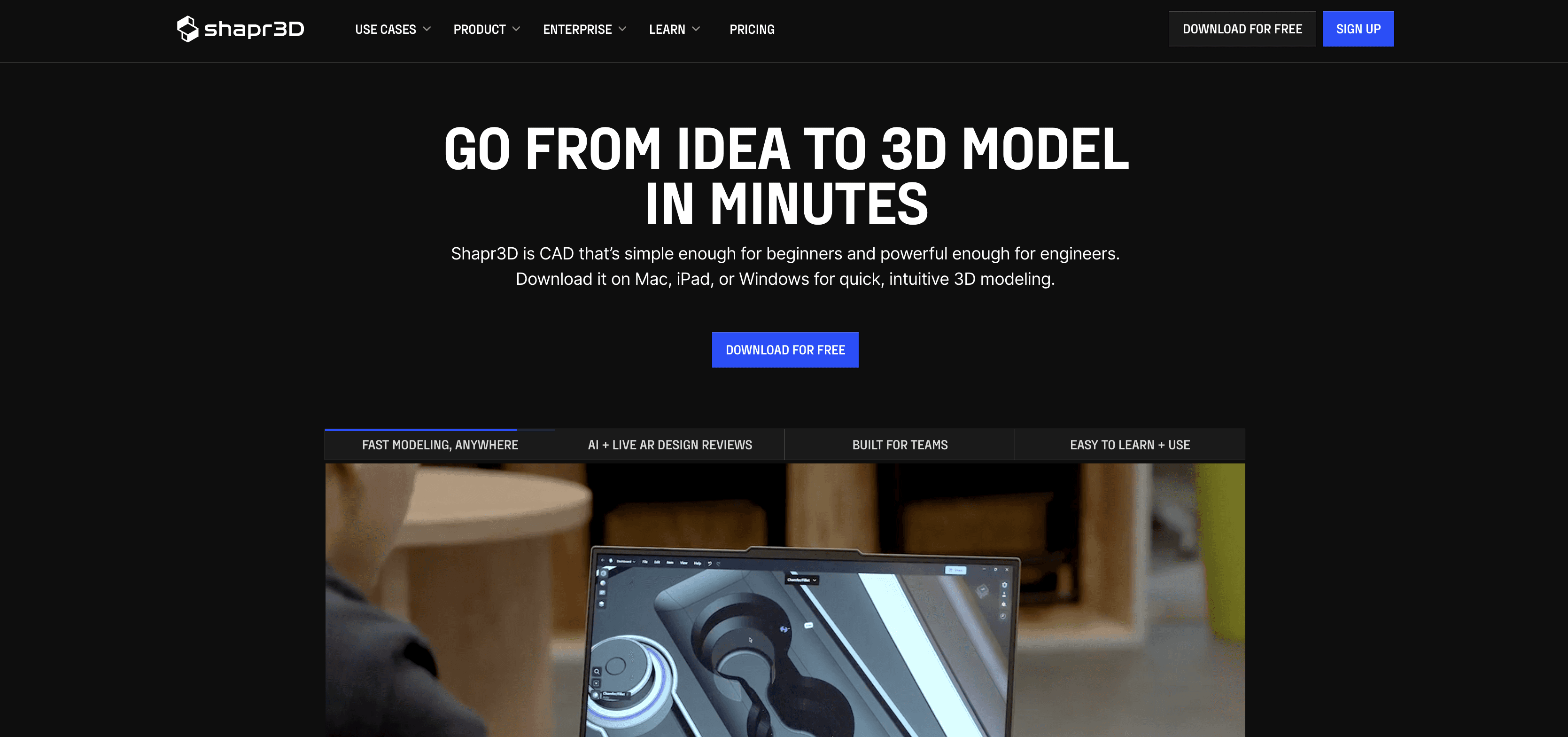 Shapr3D homepage screenshot promoting fast CAD modeling from idea to 3D model