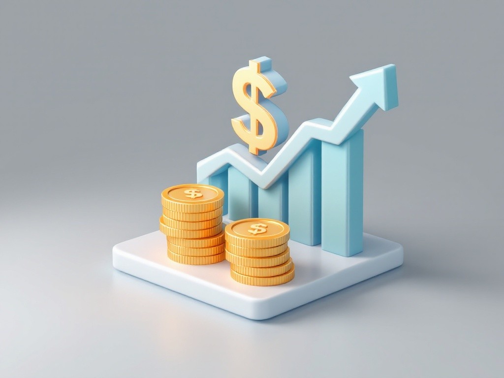 3D rendering of a blue graph with a golden dollar sign on top and two stacks of golden coins at the bottom.