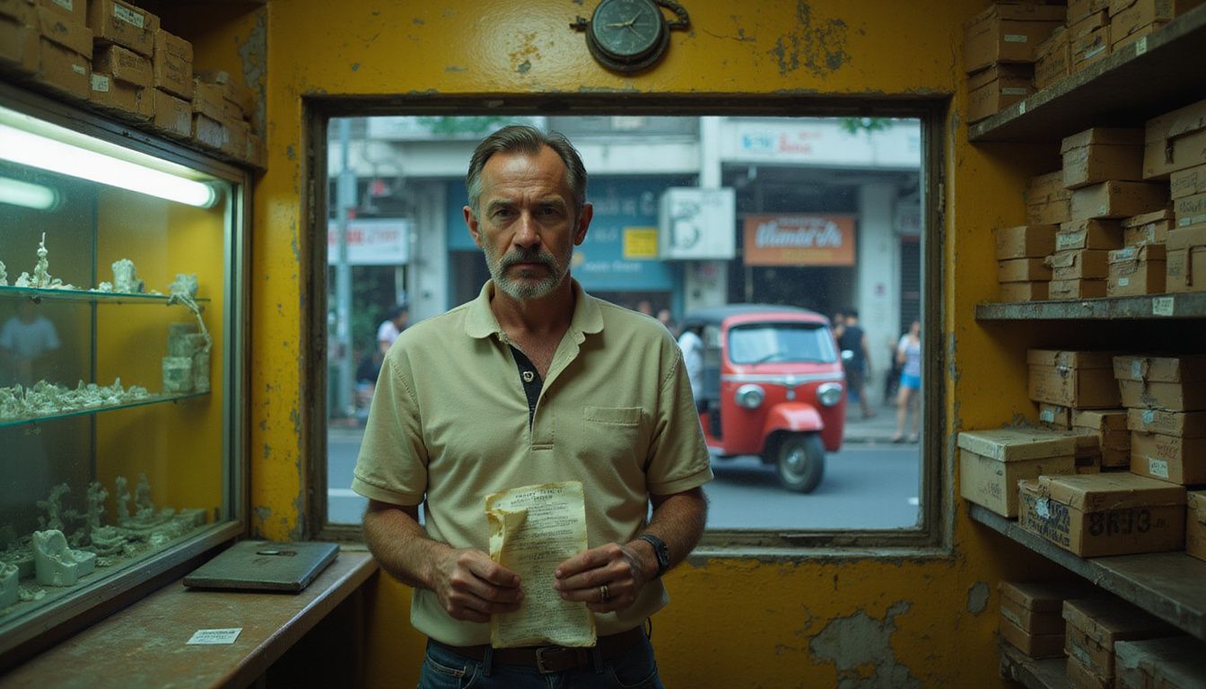 A confused man examines inflated gemstone prices in a cluttered shop.