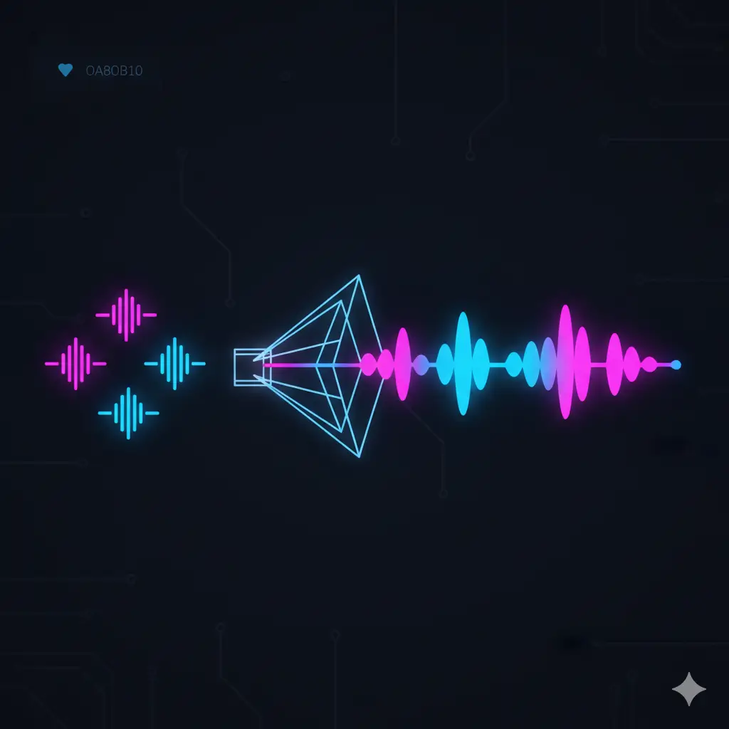 A graphic displays soundwaves in pink and blue, emanating from a stylized speaker, set against a dark, tech-inspired background.