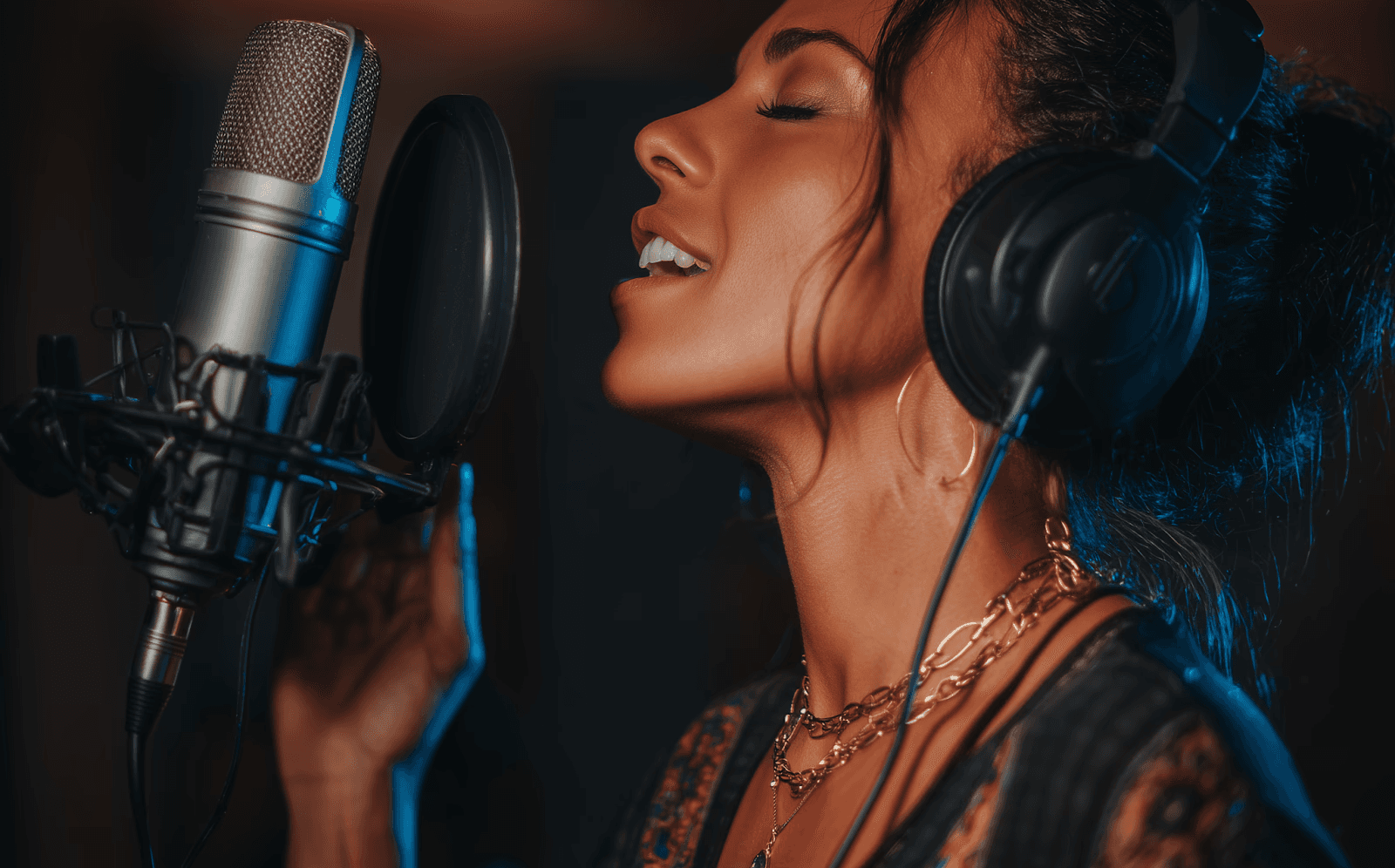 A woman singing into a microphone setup
