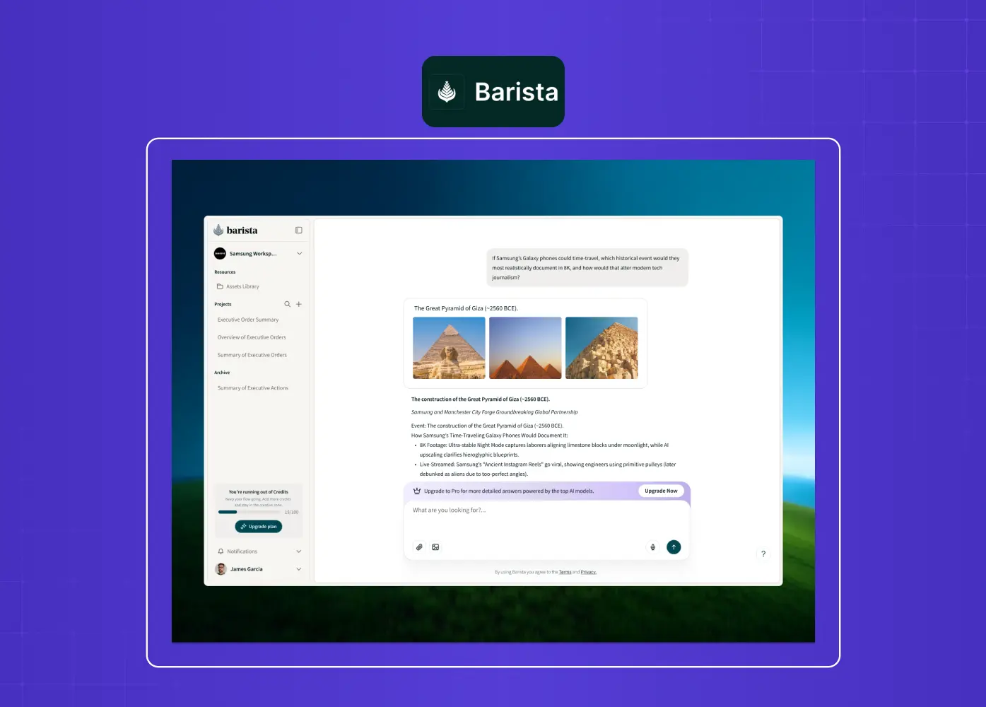 Screenshot of the Barista AI platform featuring a chat-based workspace for creating and managing PR content with AI assistance.