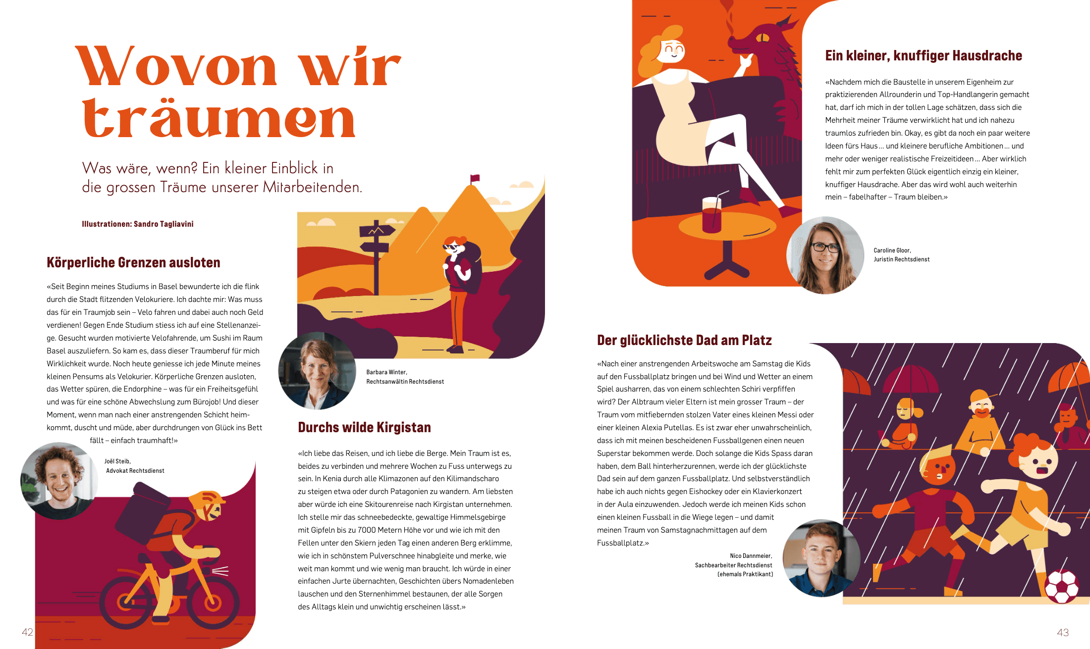 Magazine illustrations accompanying employee stories.