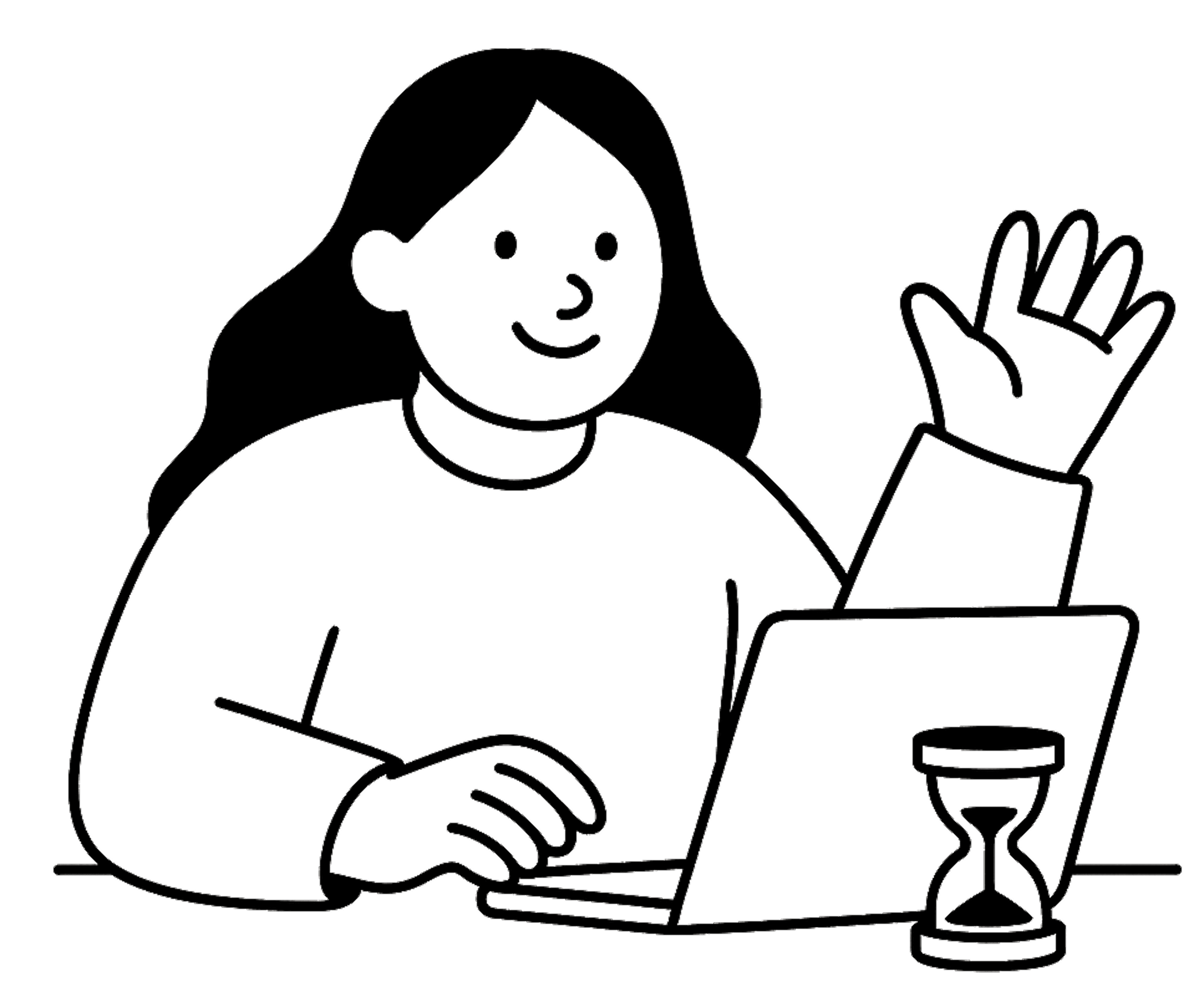 smiling woman using a laptop with a sand timer, representing smart AI usage tips for job seekers