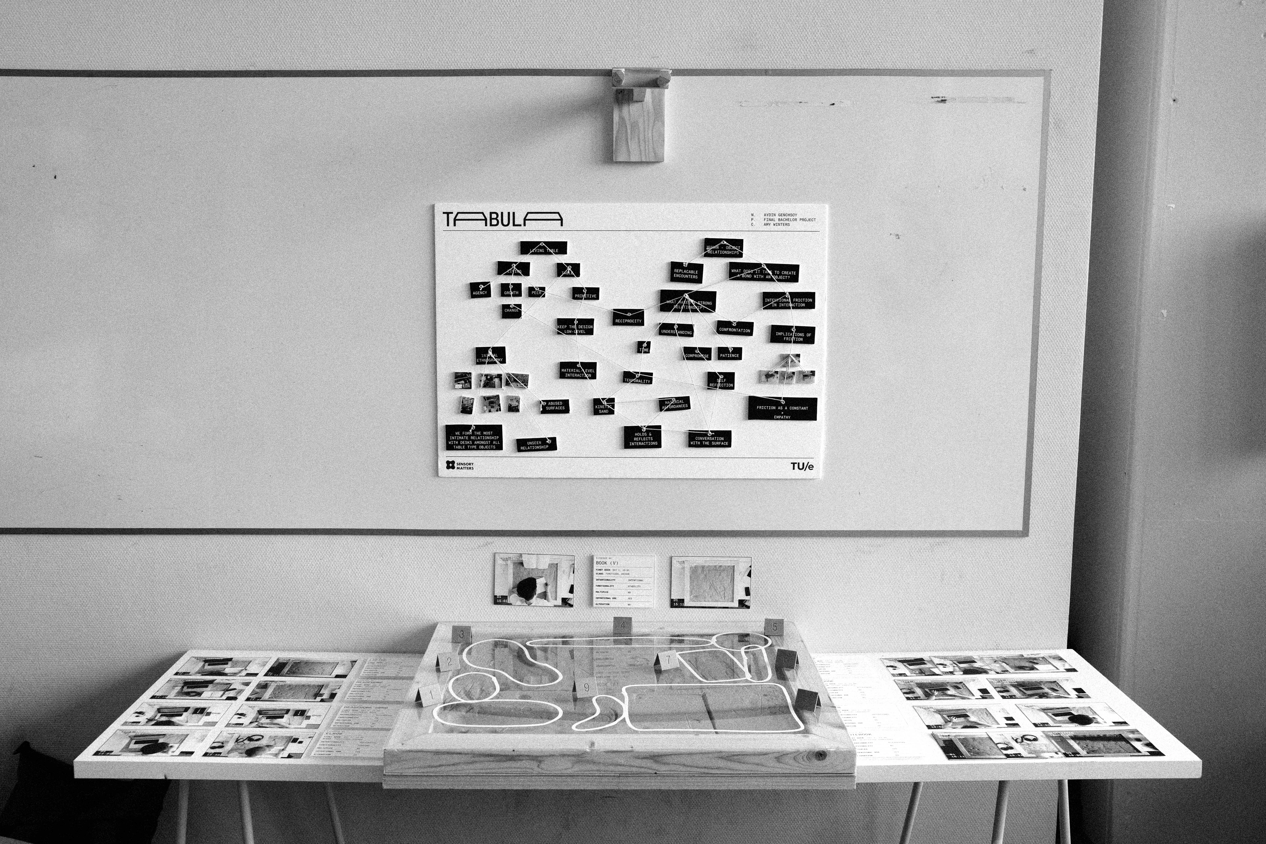 Tabula exhibition setup with the research board on the wall and the plaster piece on a table