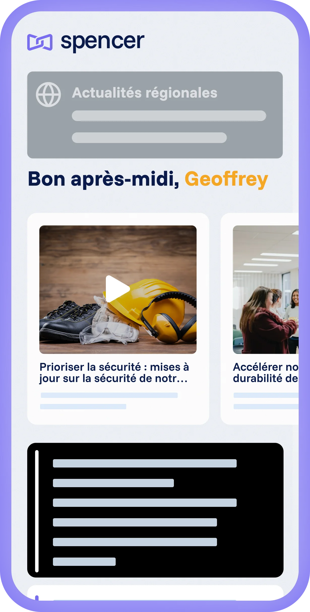 Interface mobile Spencer avec message de bienvenue, section d’actualités régionales et cartes de contenu avec vidéo et articles