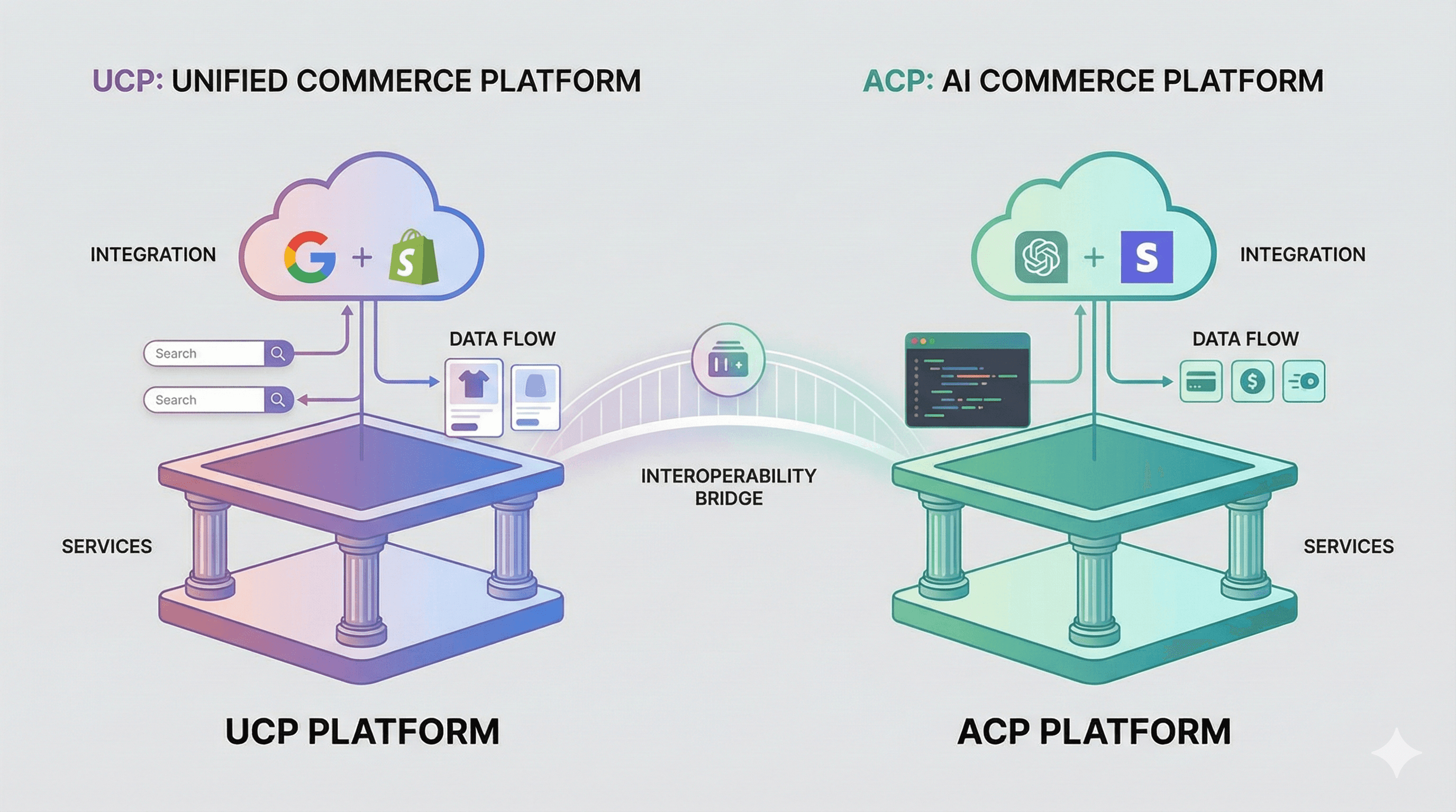 Diagram comparing "UCP Platform" and "ACP Platform" with an "Interoperability Bridge" connecting them.
