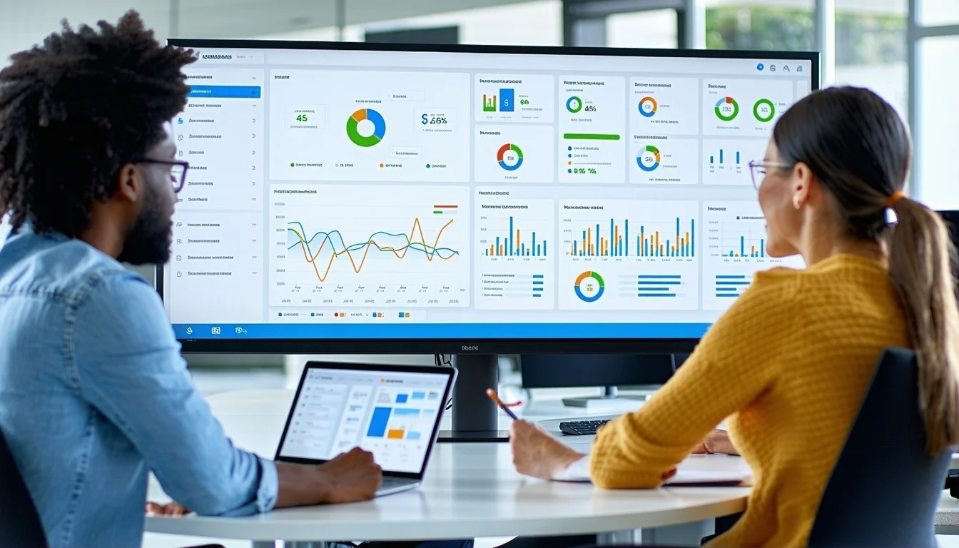 Man and woman review business dashboard in an office setting.