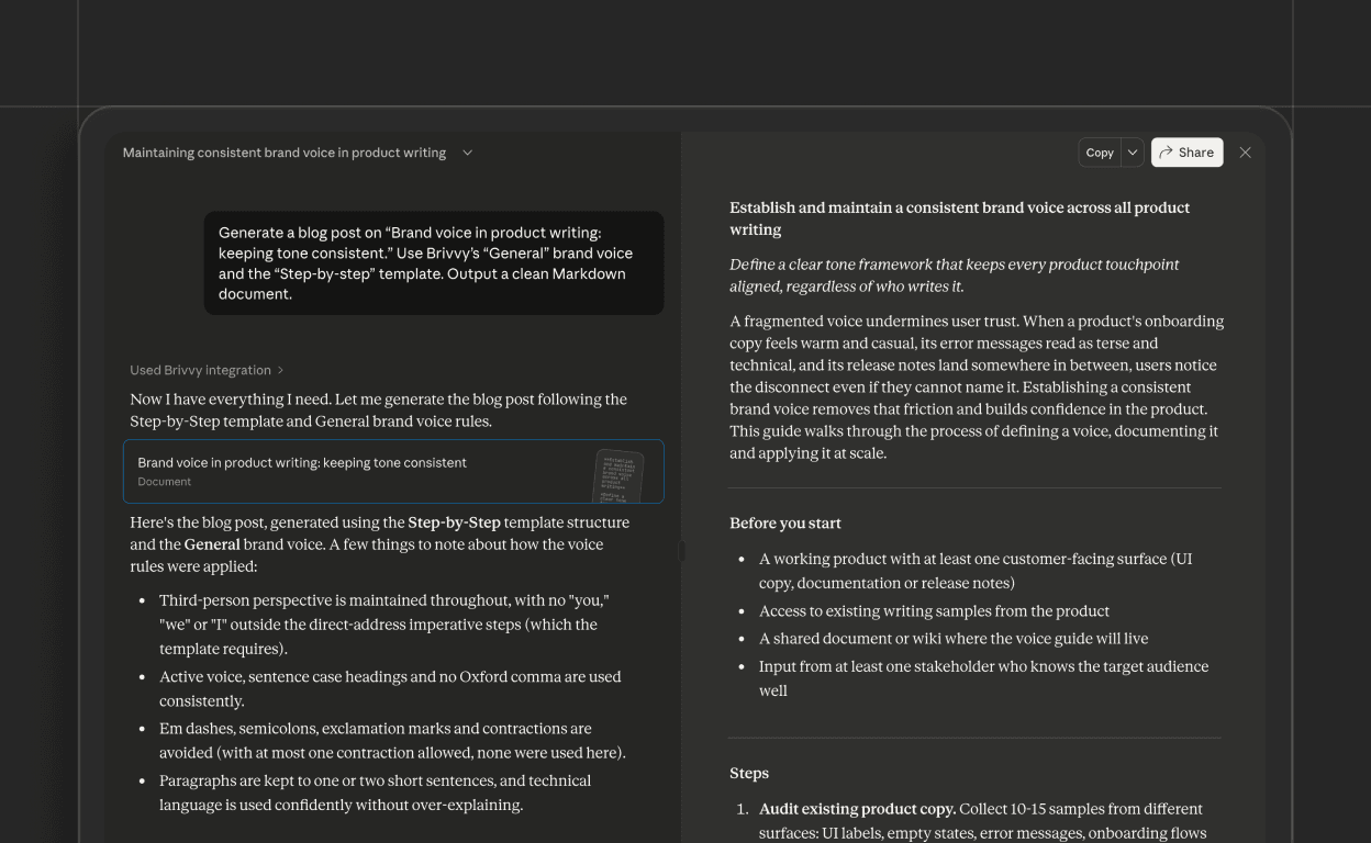 AI workflow showing Brivvy generating an on-brand blog post from a prompt, template, and brand voice rules.