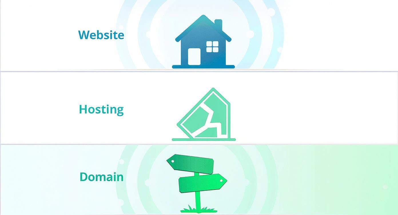 Infographic showing the hierarchy of a website, from the website itself to the hosting and finally the domain name.