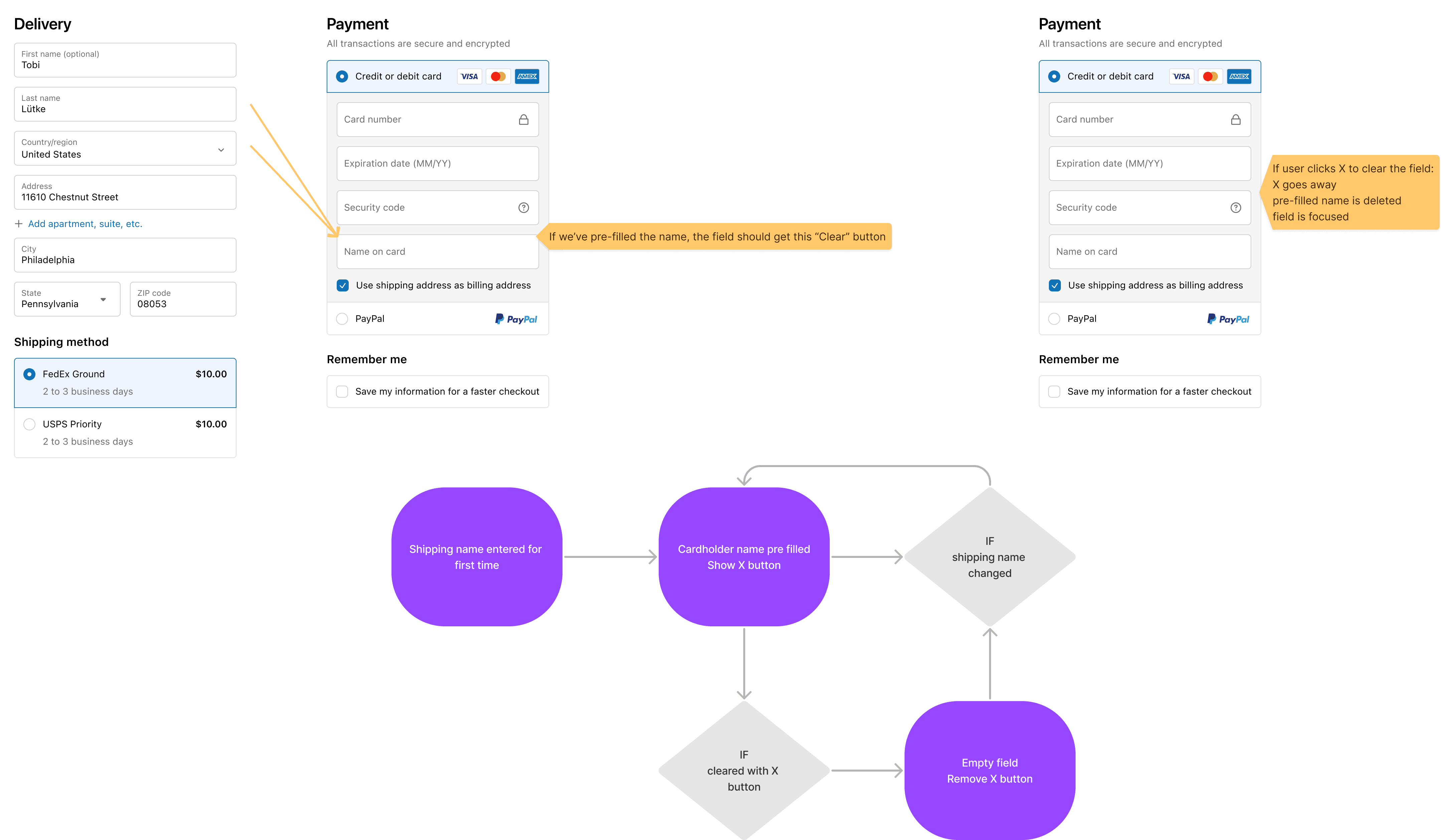 Cardholder name prefill: conditional clear-field logic on mobile