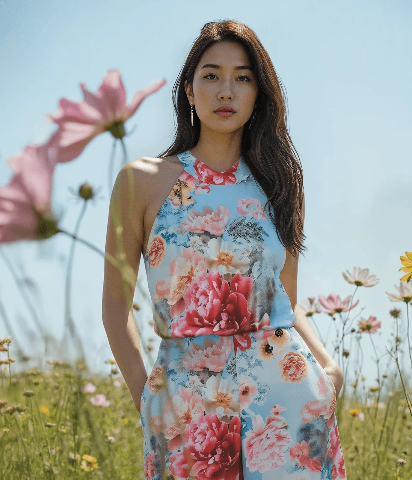 Frau im blauen Sommerkleid steht auf einer Blumenwiede und schaut in die Kamera