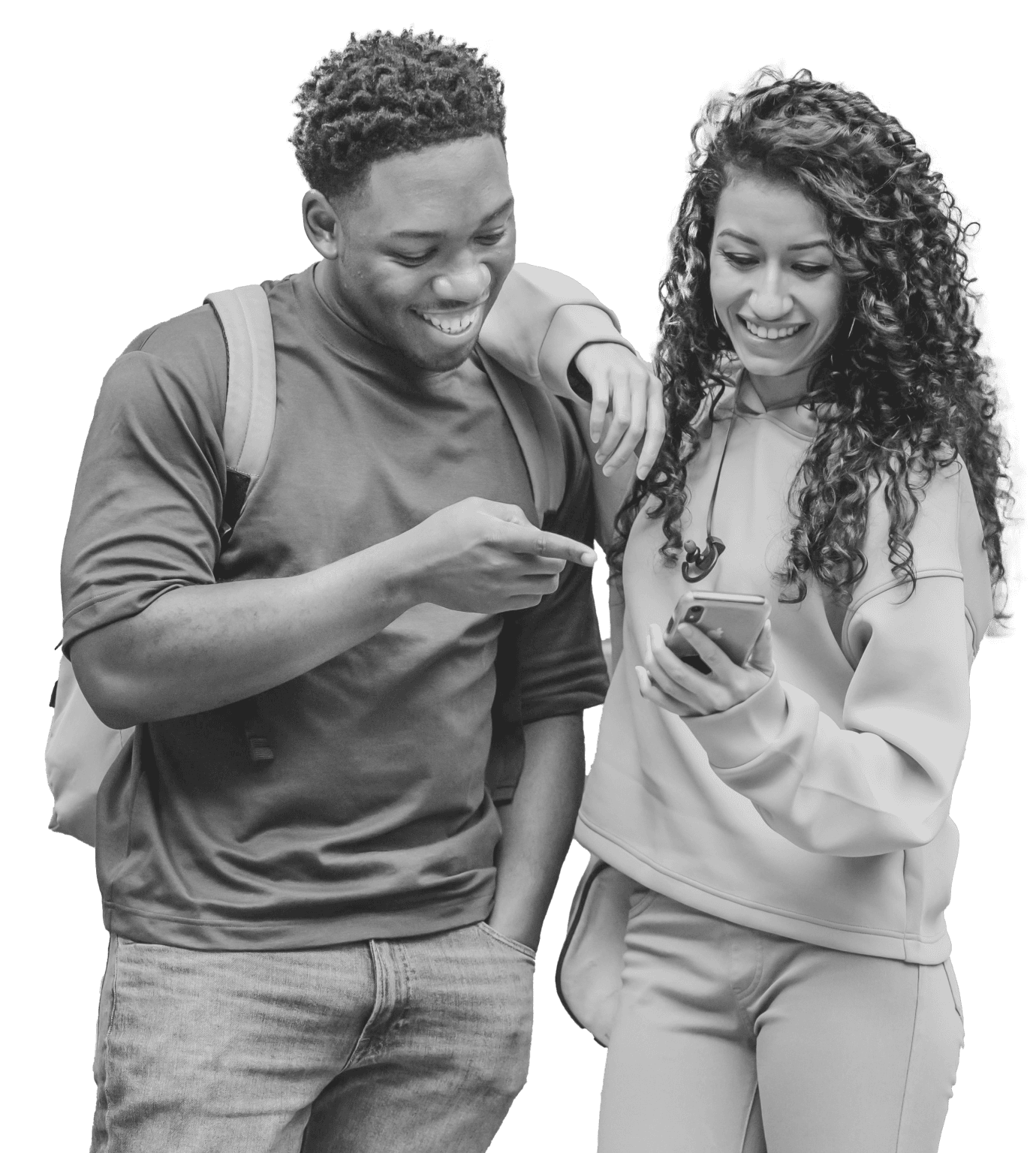 Two young adults happily look at a smartphone together, with the man wearing a backpack and pointing at the screen, while the woman, dressed casually, holds the phone, illustrating social interaction and connectivity.