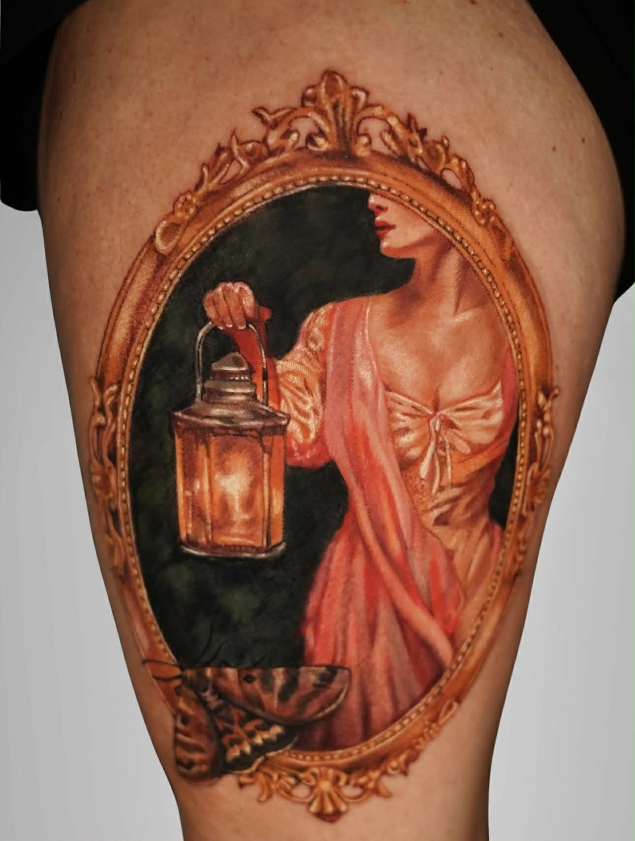 Surreal back tattoo of running man with abstract elements.