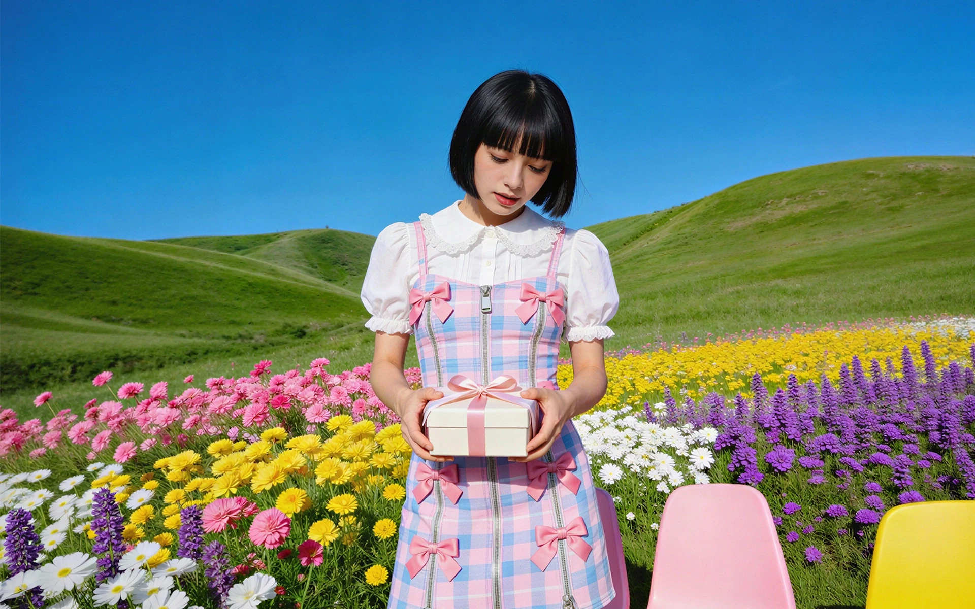A young woman in a pastel dress holds a gift box in a vibrant flower field under a clear blue sky, with a pink chair nearby.