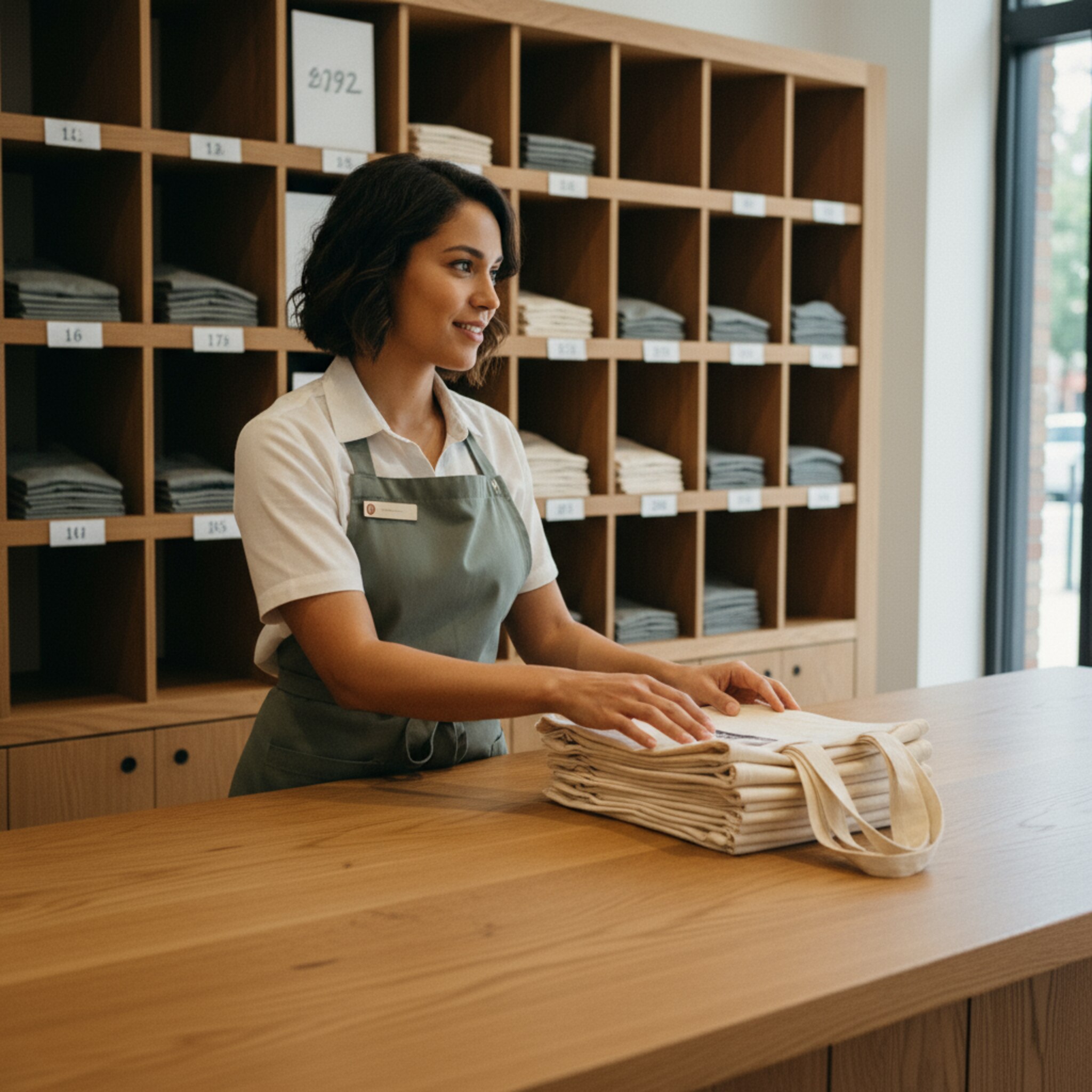 Ein Übergabeschalter mit Holztheke, darauf ein kleiner Stapel sauber gefalteter Stoffbeutel. Ein Mitarbeiter richtet die Beutel aus und schaut zur Tür. Hinter der Theke sind nummerierte Fächer für bestellte Ware zu sehen. Der Bereich wirkt organisiert und bereit für schnelle Abholungen.