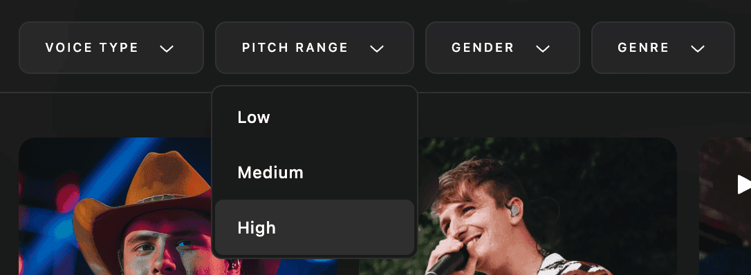 High pitch range filter selected on the Kits AI voice selection module