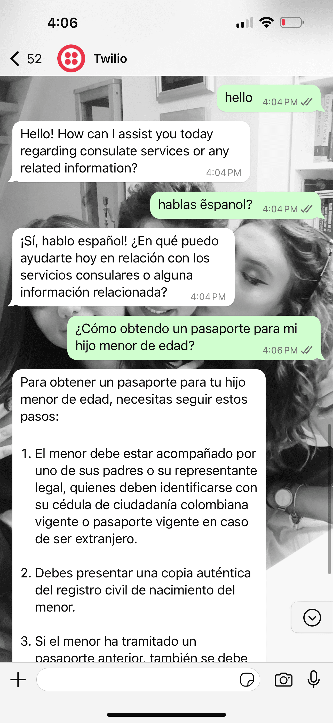 Consulate AI WhatsApp conversation screen