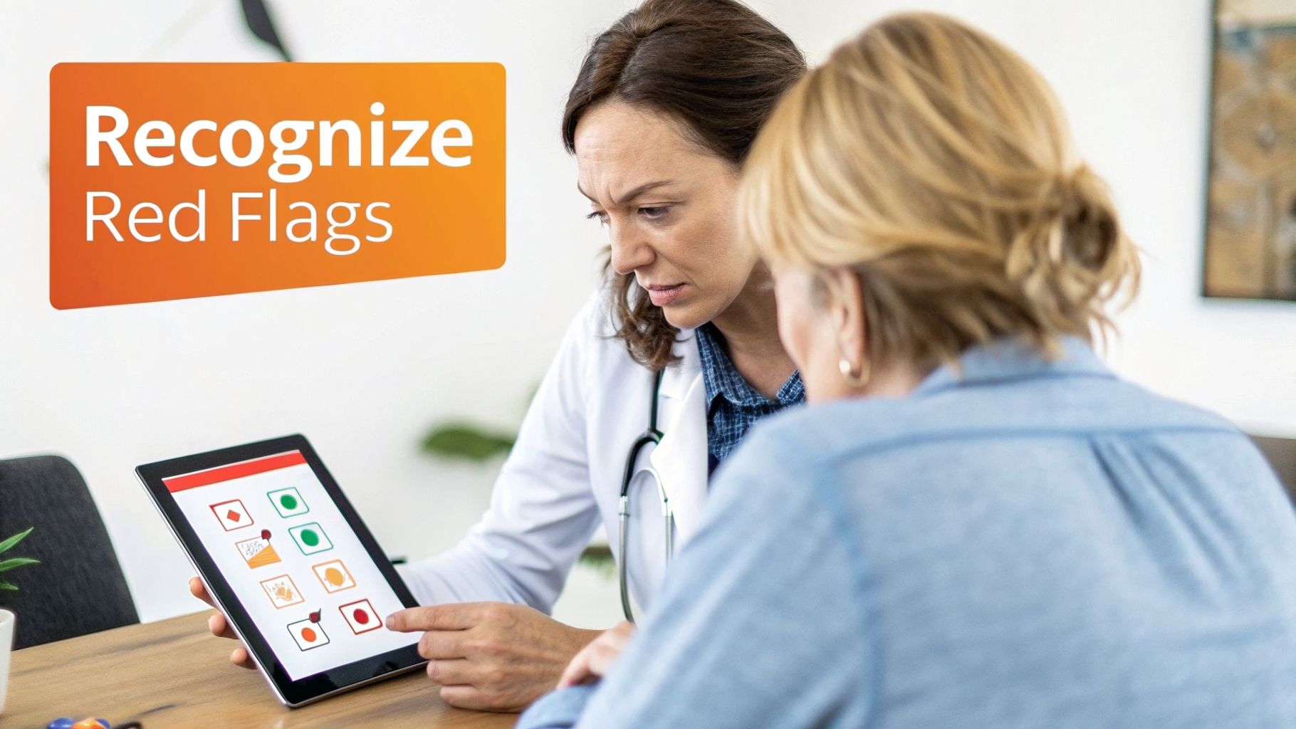 A doctor shows a patient a tablet displaying health indicators, highlighting a 'Recognize Red Flags' message.