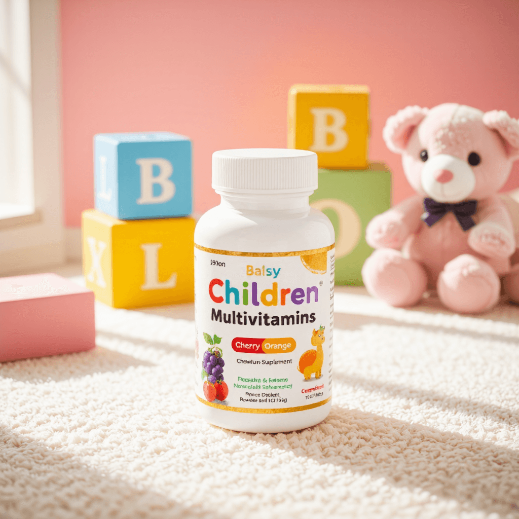product photography of bottle of children's chewable multivitamin supplement