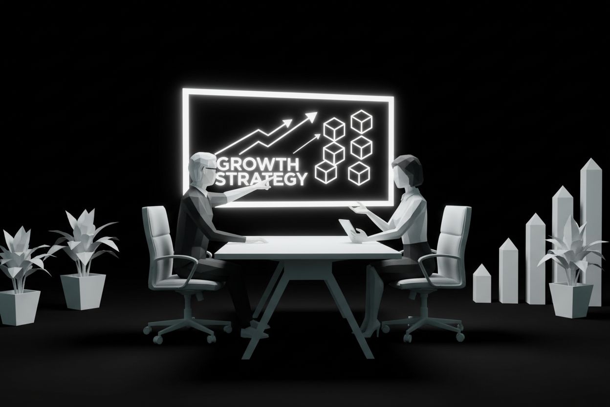 Two professionals discussing growth strategy in a modern office
